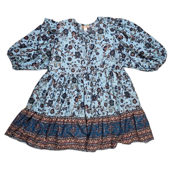 Bog Collective Dress Large Blue Floral Mini Romantic Boho Casual Cottage - Picture 1 of 9